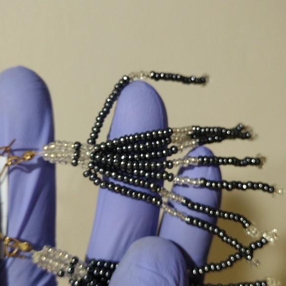 Monochrome Beaded Tassel Earrings, Handcrafted Black & White Seed Bead Fringe #1 - Picture 5 of 7